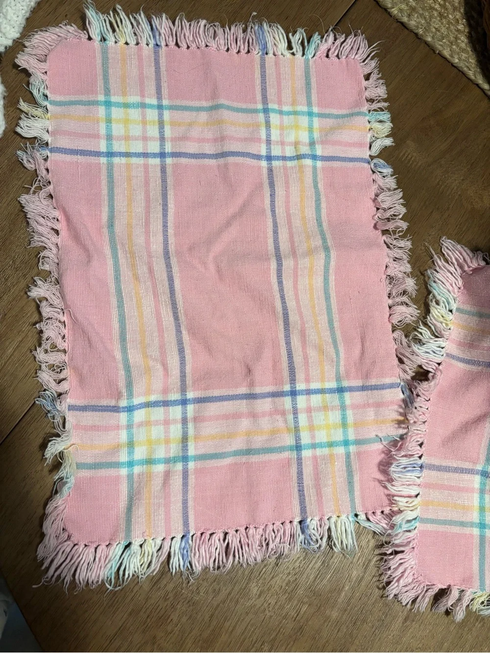 Table Placemats Pink Yellow Green And Blue Plaid With Fringe 2PC